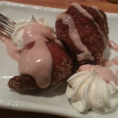 Fried Strawberries with fresh whipped cream and strawberry sauce.